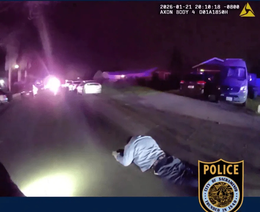 <em>Image: Screenshot from Sacramento Police Department X post from the body camera footage</em> of officers asking the suspect to laydown on the floor to make an arrest.