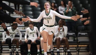 Sac State Hornets guard Benthe Versteeg (1) is introduced before a game against Nevada at Hornet Pavilion in Sacramento on Thursday, Nov. 6, 2025. In March Sacramento will be host the NCAA Women’s March Madness Basketball Tournament