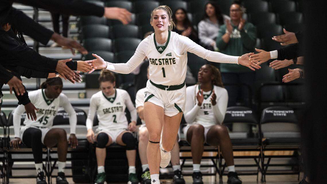 Sac State Hornets guard Benthe Versteeg (1) is introduced before a game against Nevada at Hornet Pavilion in Sacramento on Thursday, Nov. 6, 2025. In March Sacramento will be host the NCAA Women’s March Madness Basketball Tournament