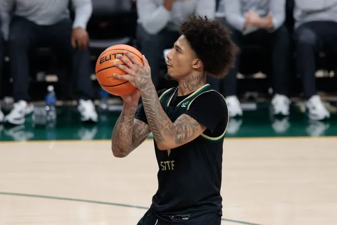 Dec 2, 2025; Waco, Texas, USA; Sacramento State Hornets guard Mikey Williams (1) shoots a free throw during the first half against the Baylor Bears at Paul and Alejandra Foster Pavilion.