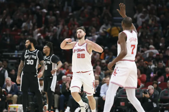 Jan 28, 2026; Houston, Texas, USA; Houston Rockets center Alperen Sengun (28) reacts after scoring during the third quarter against the San Antonio Spurs at Toyota Center. Mandatory Credit: Troy Taormina-Imagn Images