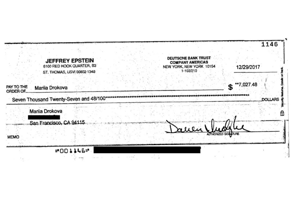 A check paid to Masha Bucher for $7,027.48, in late 2017. (U.S. Department of Justice)