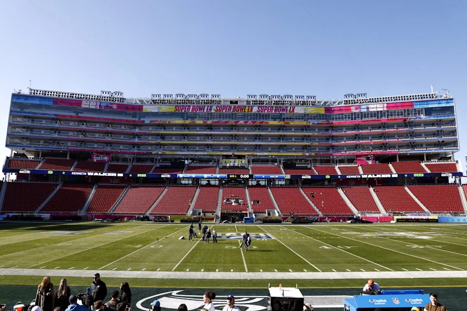 general view from the 50 yard line inside of Levi's Stadium prior to the Seattle Seahawks playing against the New England Patriots in Super Bowl LX