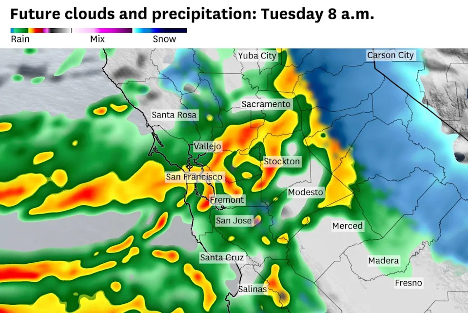 Weather models predict heavy rain and hail showers over the Bay Area on Tuesday morning. Precipitation could fall as snow above 2,500 feet. (Baron/Lynx)