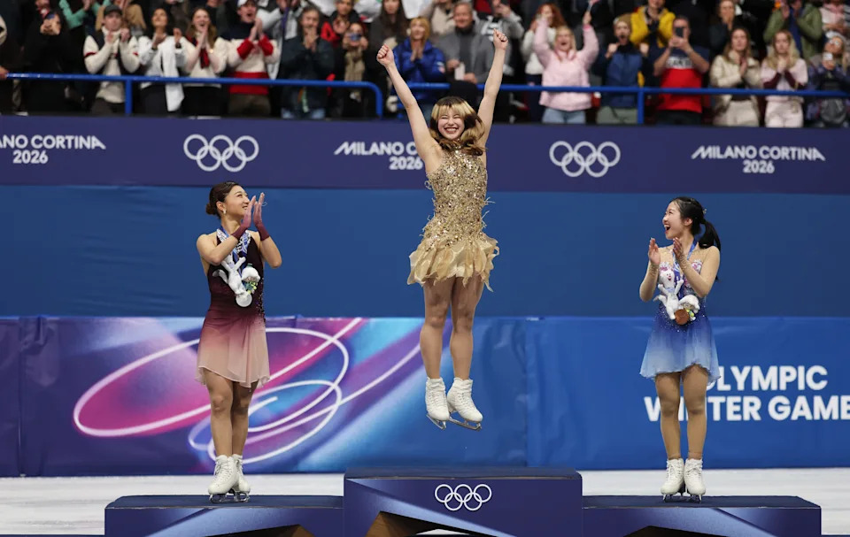 Gold medalist Alysa Liu of Team United States celebrates on the podium during the medal ceremony for women's single skating on Feb. 19, 2026 in Milan, Italy.