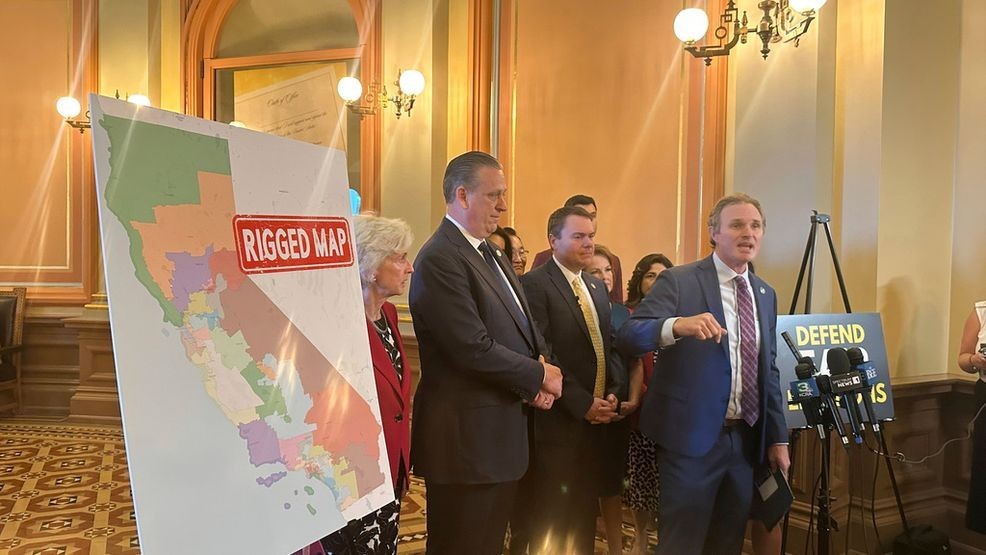 Assembly Republican leader James Gallagher speaks in opposition to Democrats' plan to advance a partisan effort to redraw California congressional map at a press conference on Monday, Aug. 18, 2025, in Sacramento, Calif. (AP Photo/Tran Nguyen)