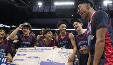 Destiny Christian Academy reacts after winning the CIF Sac-Joaquin Section Division II boys basketball championship at Golden 1 Center in Sacramento on Friday.