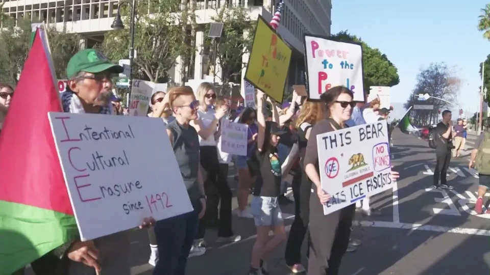 Hundreds of demonstrators gathered in downtown Los Angeles on Saturday, Jan. 31, 2026, for a second-straight day of protests against the Trump administration's immigration enforcement operations. (KTLA)