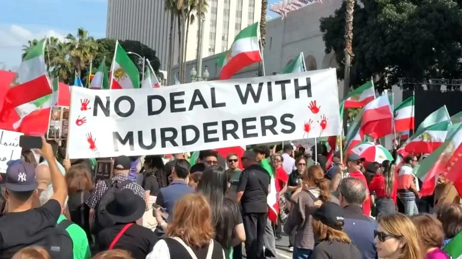 A large crowd of demonstrators gathered in downtown Los Angeles Saturday to voice their opposition to the regime in Iran and to support the Iranian people's fight for freedom on Feb. 14, 2026. (KTLA)