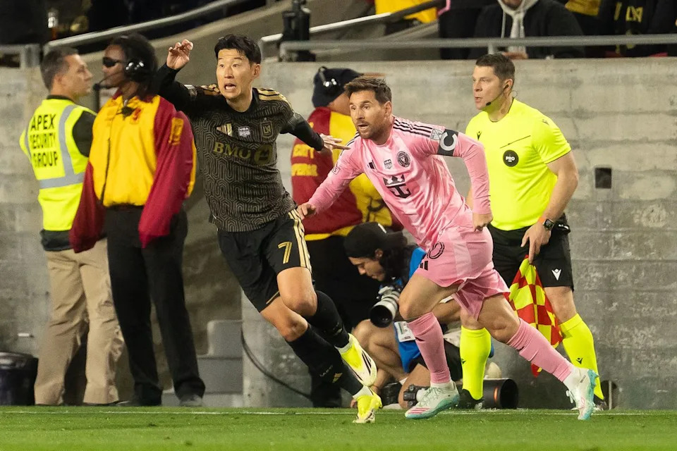 LAFC forward Heung-Min Son (7) fights for possession during an MLS soccer game against Inter Miami CF, Saturday February 21st, 2026 in Los Angeles, California.