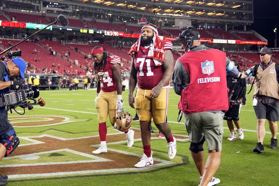 <p>Sep 9, 2024; Santa Clara, California, USA; San Francisco 49ers offensive tackle Trent Williams (71) and running back Jordan Mason (left) walk off of the field after defeating the New York Jets at Levi’s Stadium. Mandatory Credit: Darren Yamashita-Imagn Images</p><br>