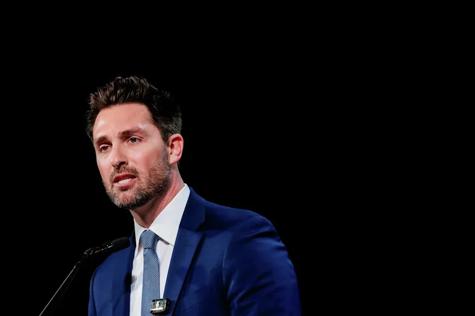 Former Assembly Member Ian Calderon, a candidate for governor, delivers remarks during the California Democratic Party convention at Moscone Center in San Francisco on Feb. 21, 2026. (Yalonda M. James/S.F. Chronicle)
