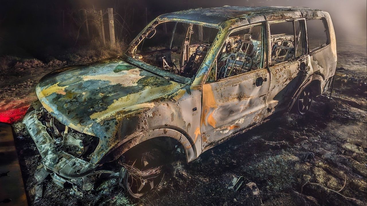 A stolen Mitsubishi was found burned and abandoned in the Fresno area, prompting CHP to remind residents to secure their vehicles. (CHP)