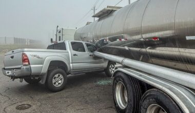 A tanker pulled into a Fresno intersection in dense fog, but a pickup slowed in time, leaving everyone unharmed. (CHP)