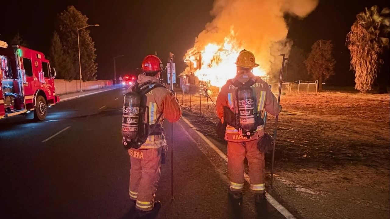 A two-story abandoned home in Parlier caught fire Friday, Feb. 13, 2026, morning, with firefighters taking a defensive approach as the cause remains under investigation. (CalFire)