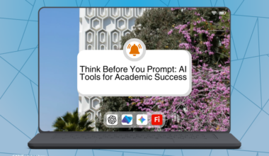 A laptop with the text, "Think Before You Prompt: AI Tools for Academic Success"