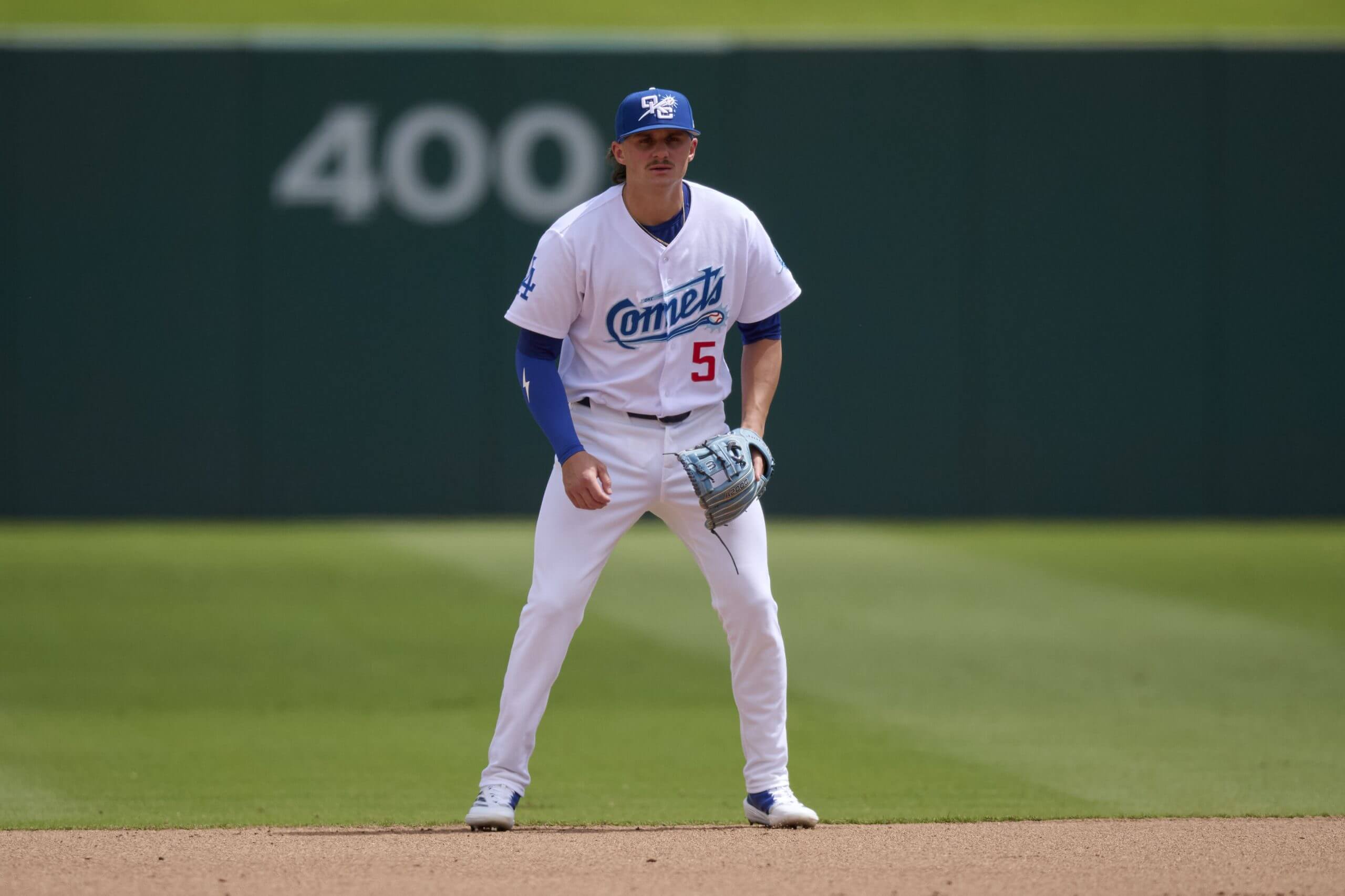 Oklahoma City Comets shortstop Alex Freeland (5) during an MiLB Pacific Coast League baseball game against the Albuquerque Isotopes. 