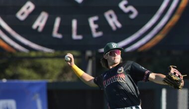 FILE - Oakland Ballers' Lou Helmig warms up before a Pioneer League baseball game against the Rocky Mountain Vibes in Oakland, Calif., July 10, 2025. (AP Photo/Jeff Chiu, File)