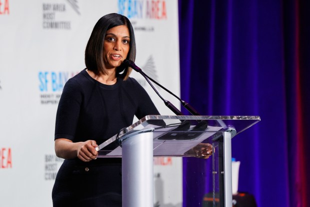 Zaileen Janmohamed, President and chief executive officer of the Bay Area Host Committee, speaks at a press conference in San Francisco, Monday, Feb. 2, 2026. (Gregory Payan/AP Content Services for the NFL)