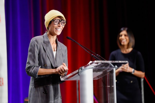 Dominique Crenn speaks at a press conference in San Francisco, Monday, Feb. 2, 2026. (Gregory Payan/AP Content Services for the NFL)