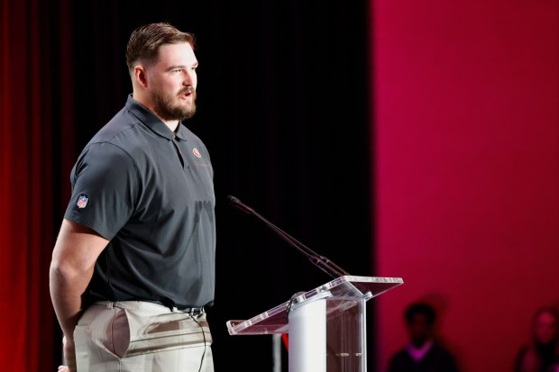 San Francisco 49ers lineman Colton McKivitz speaks at a press conference in San Francisco, Monday, Feb. 2, 2026. (Gregory Payan/AP Content Services for the NFL)