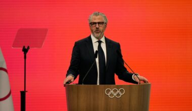 Casey Wasserman, Chairman of the Los Angeles Organizing Committee for the 2028 Olympic and Paralympic Games speaks during an IOC meeting ahead of the 2026 Winter Olympics, in Milan, Italy, Tuesday, Feb. 3, 2026. (AP Photo/Luca Bruno)