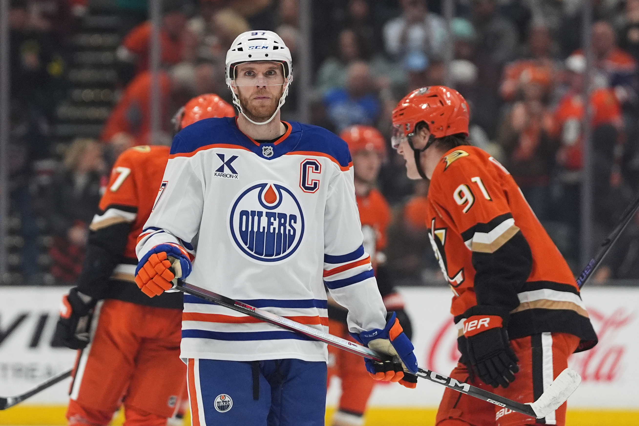 Edmonton Oilers center Connor McDavid looks on during the second...