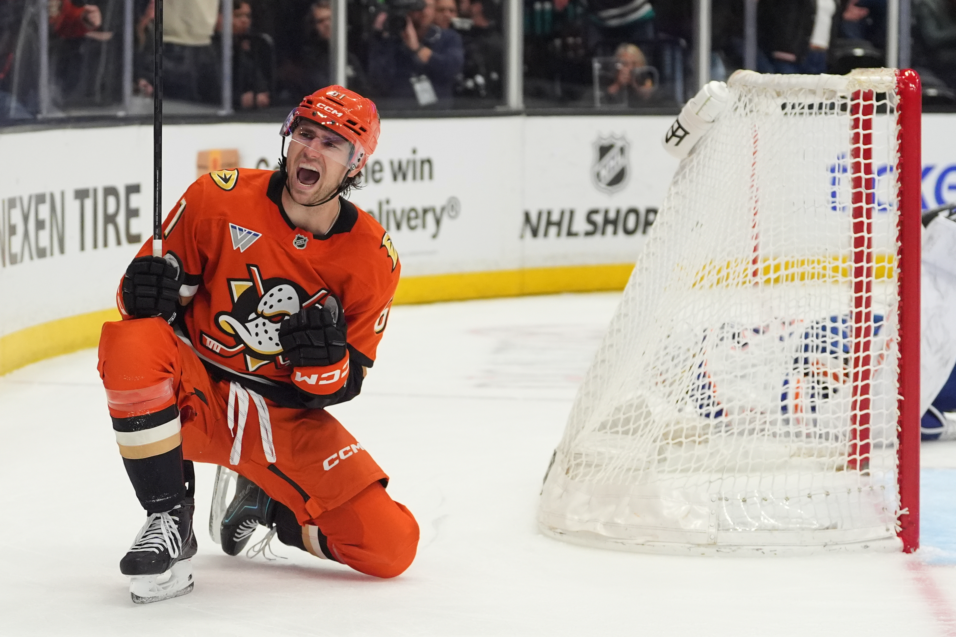 Ducks left wing Cutter Gauthier celebrates his go-ahead goal late...