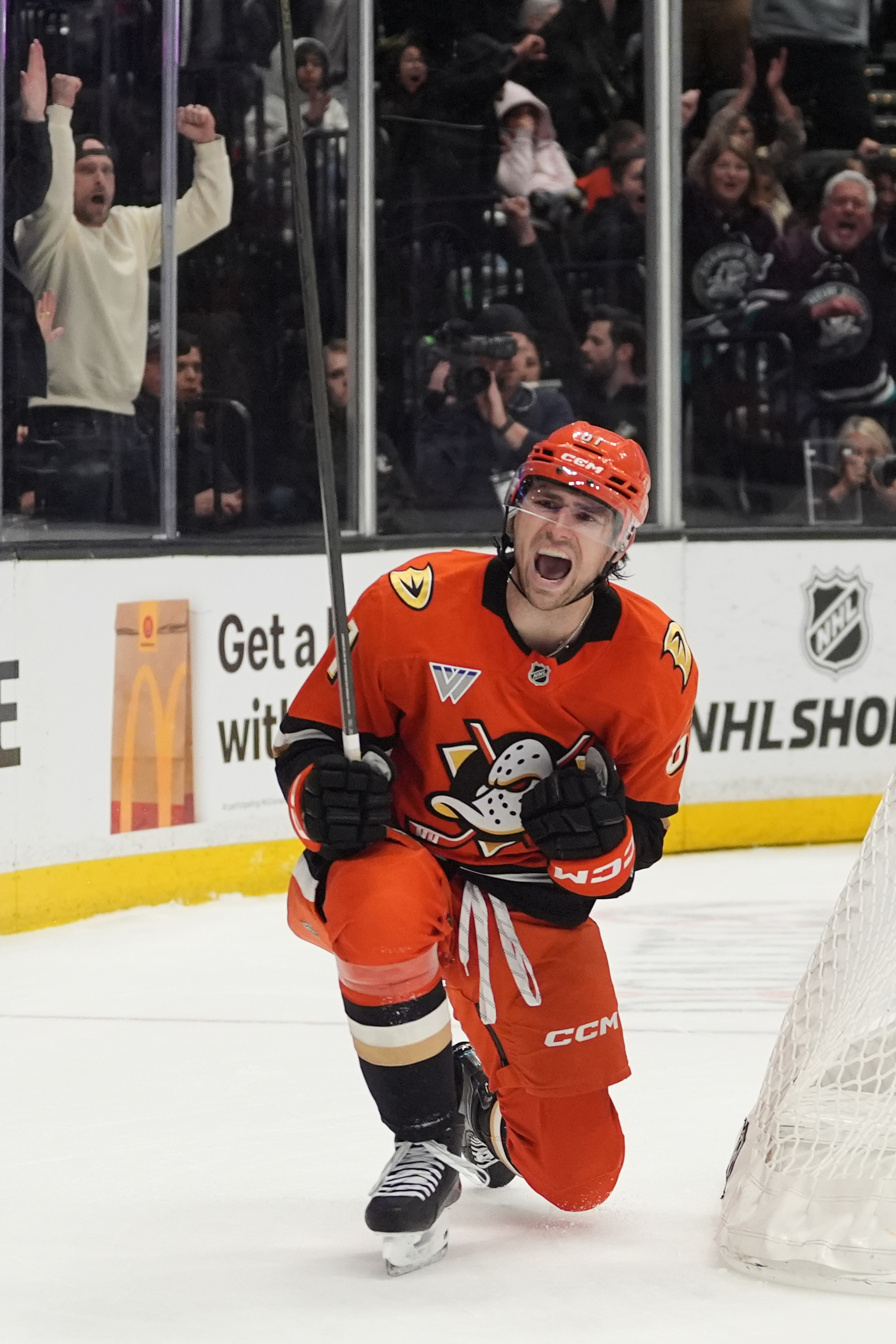 Ducks left wing Cutter Gauthier celebrates his go-ahead goal late...
