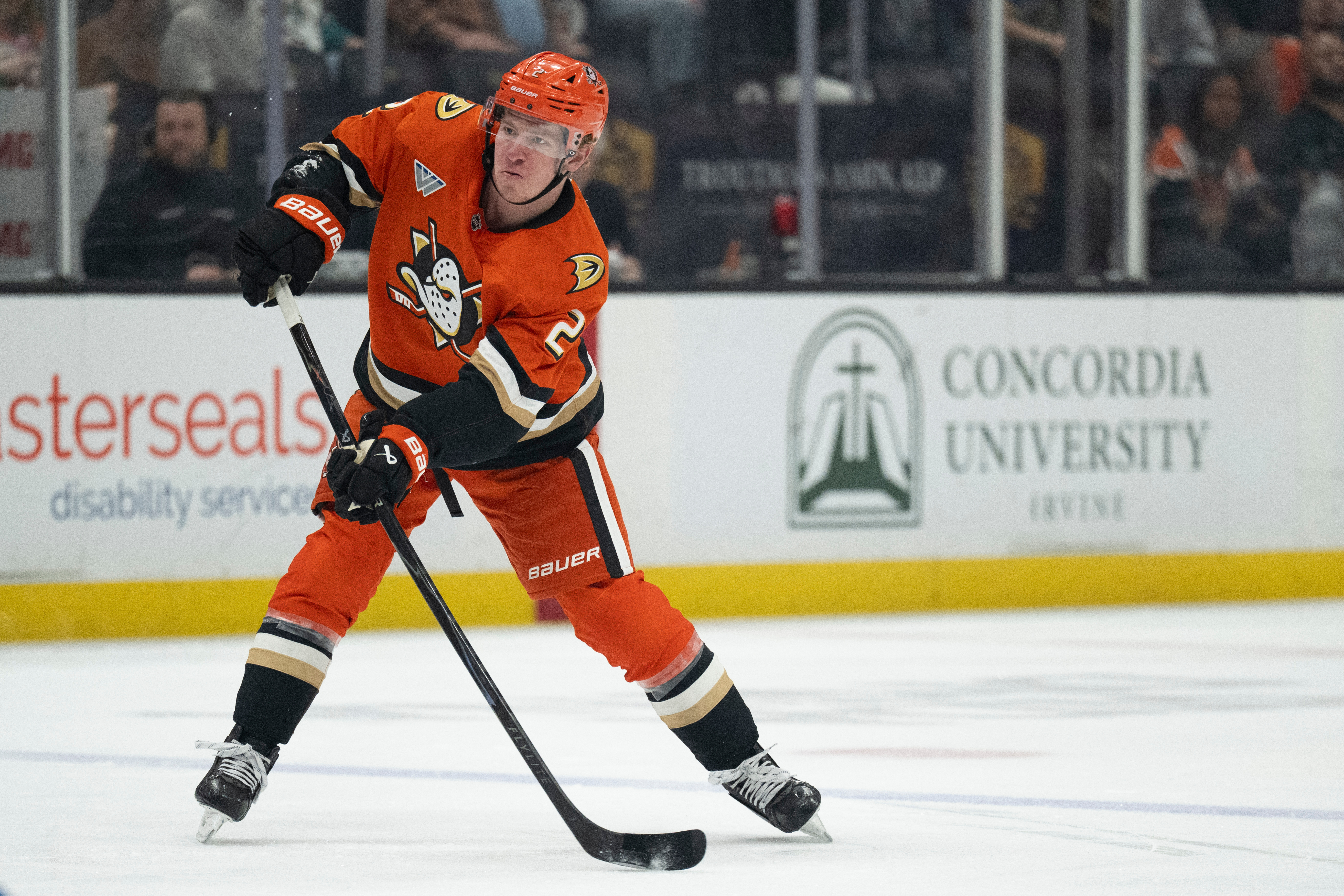 Ducks defenseman Jackson LaCombe shoots during the first period of...