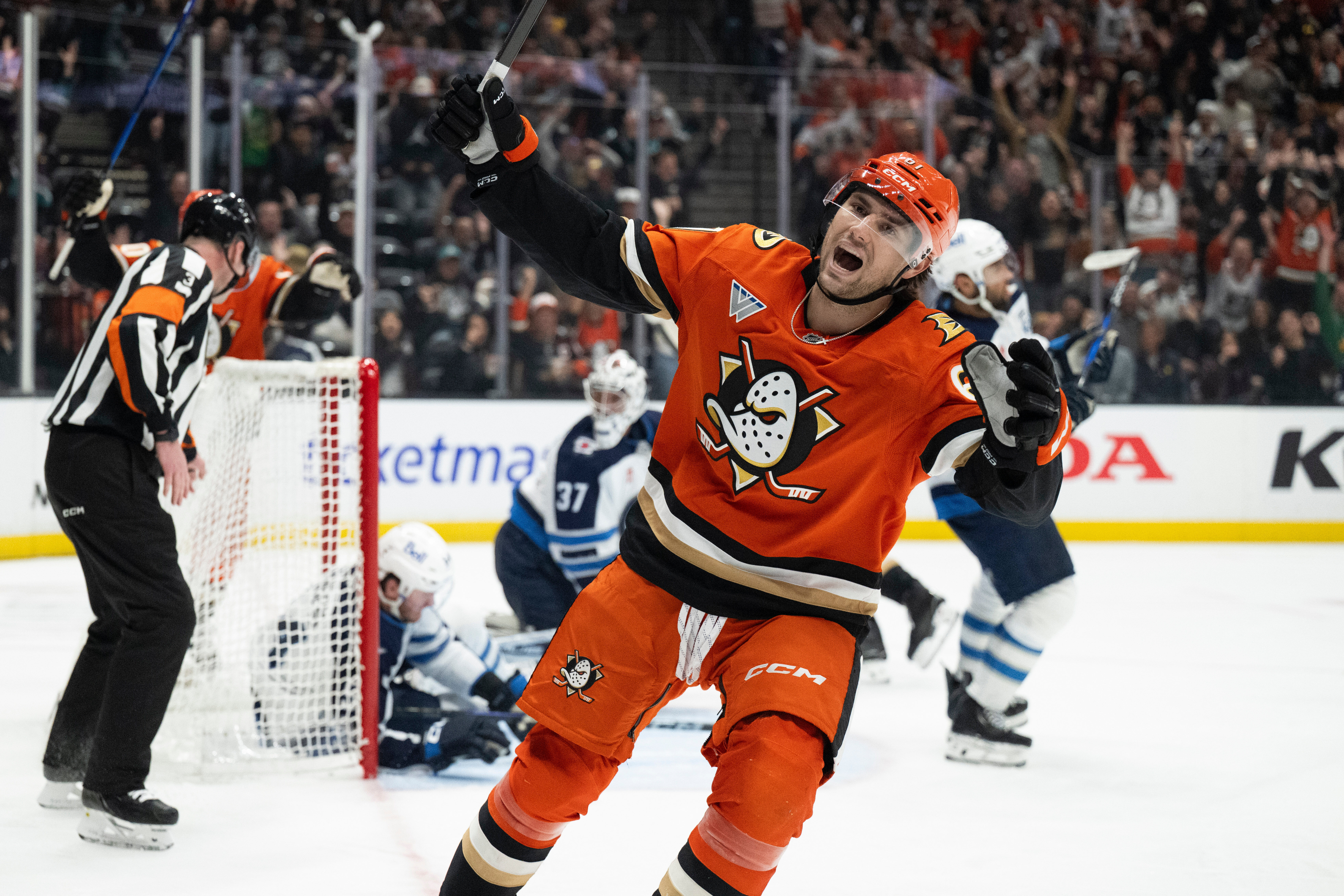 Ducks left wing Cutter Gauthier reacts on a goal by...