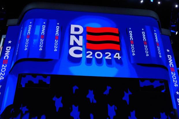 Part of the stage with the DNC logo is seen at the Democratic National Convention.