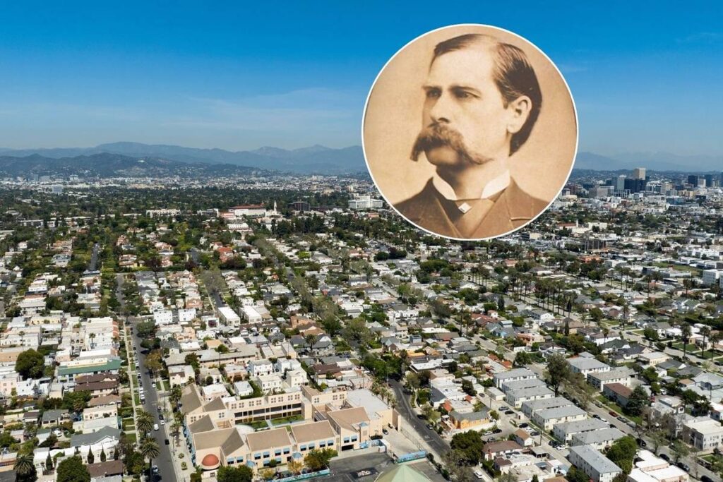 Wyatt Earp portrait and overhead view of Arlington Heights neighborhood in LA