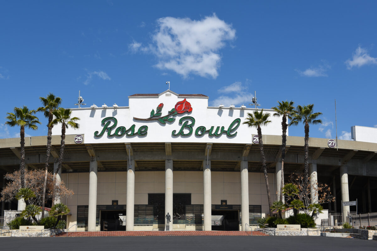 PASADENA, CALIFORNIA - 26 MAR 2021: Court of Champions at the main entrance to the Rose Bowl Football Stadium.