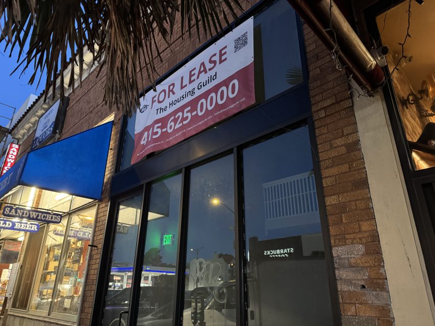 A storefront with a "For Lease" sign displaying a phone number is shown at dusk, next to a shop advertising sandwiches and cold beer.
