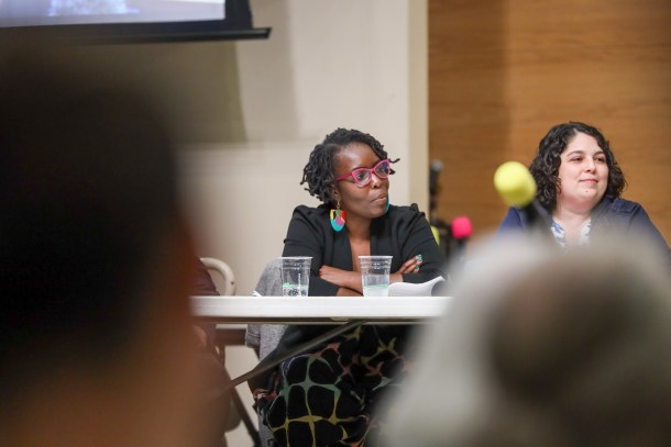 Dr. Flojaune Cofer, left, and former Sacramento City Councilmember Katie Valenzuela listen to public comments at the town hall. Douglas Carter, OBSERVER