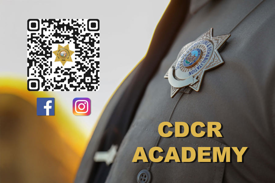 Basic Correctional Officer CDCR Academy with bar code and social media icons.