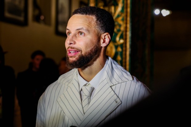 Golden State Warriors star Steph Curry is interviewed on the red carpet for the screening of "GOAT" at the Grand Lake Theater in Oakland, Calif., on Tuesday, Feb. 10, 2026. The film, "GOAT," a story about a young goat trying to make his way into professional sports, was produced by Curry. (Ray Chavez/Bay Area News Group)