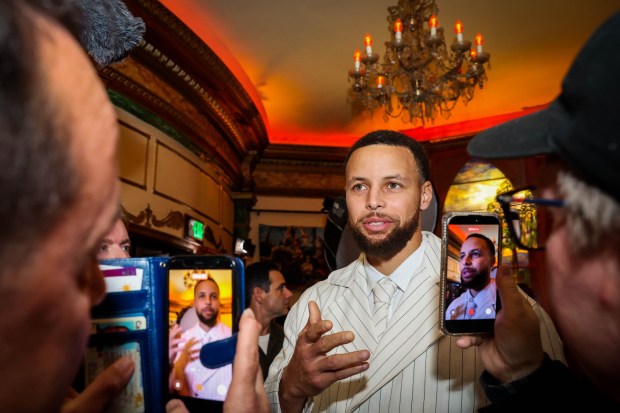 Golden State Warriors star Steph Curry is interviewed on the red carpet for the screening of "GOAT" at the Grand Lake Theater in Oakland, Calif., on Tuesday, Feb. 10, 2026. The film, "GOAT," a story about a young goat trying to make his way into professional sports, was produced by Curry. (Ray Chavez/Bay Area News Group)
