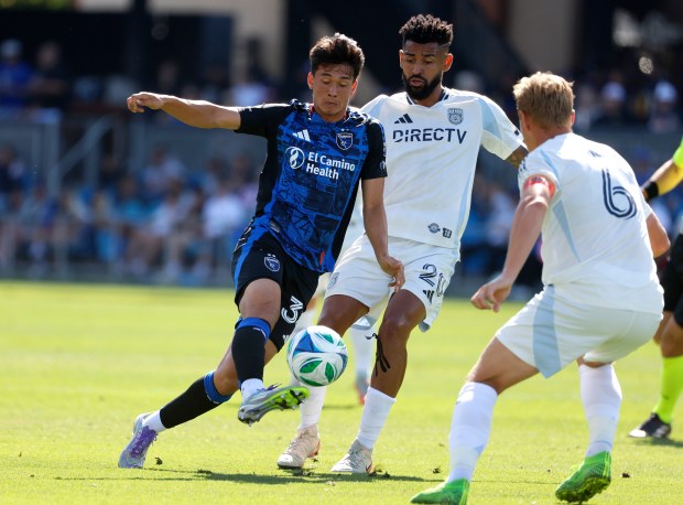 San Jose Earthquakes' Beau Leroux (34) controls the ball against San Diego FC's Aníbal Godoy (20) in the first half at PayPal Park in San Jose, Calif., on Sunday, Aug. 17, 2025. (Nhat V. Meyer/Bay Area News Group)