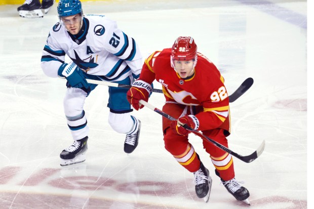 San Jose Sharks' Alexander Wennberg (21) vies for control of the puck with Calgary Flames' Matvei Gridin during the first period of an NHL hockey games in Calgary, Saturday, Jan. 31, 2026. (Larry MacDougal/The Canadian Press via AP)