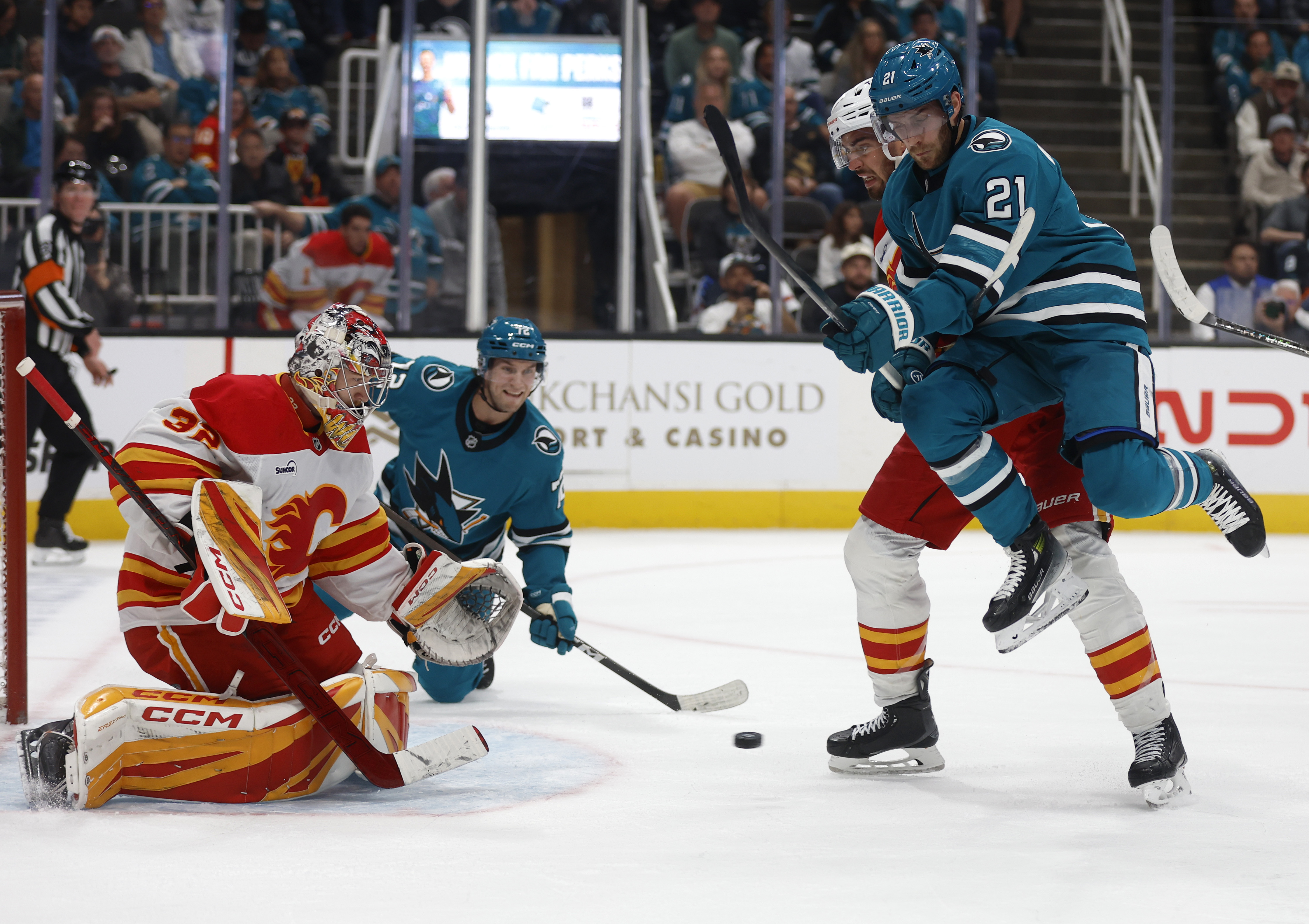 San Jose Sharks’ Alexander Wennberg (21) jumps out of the...