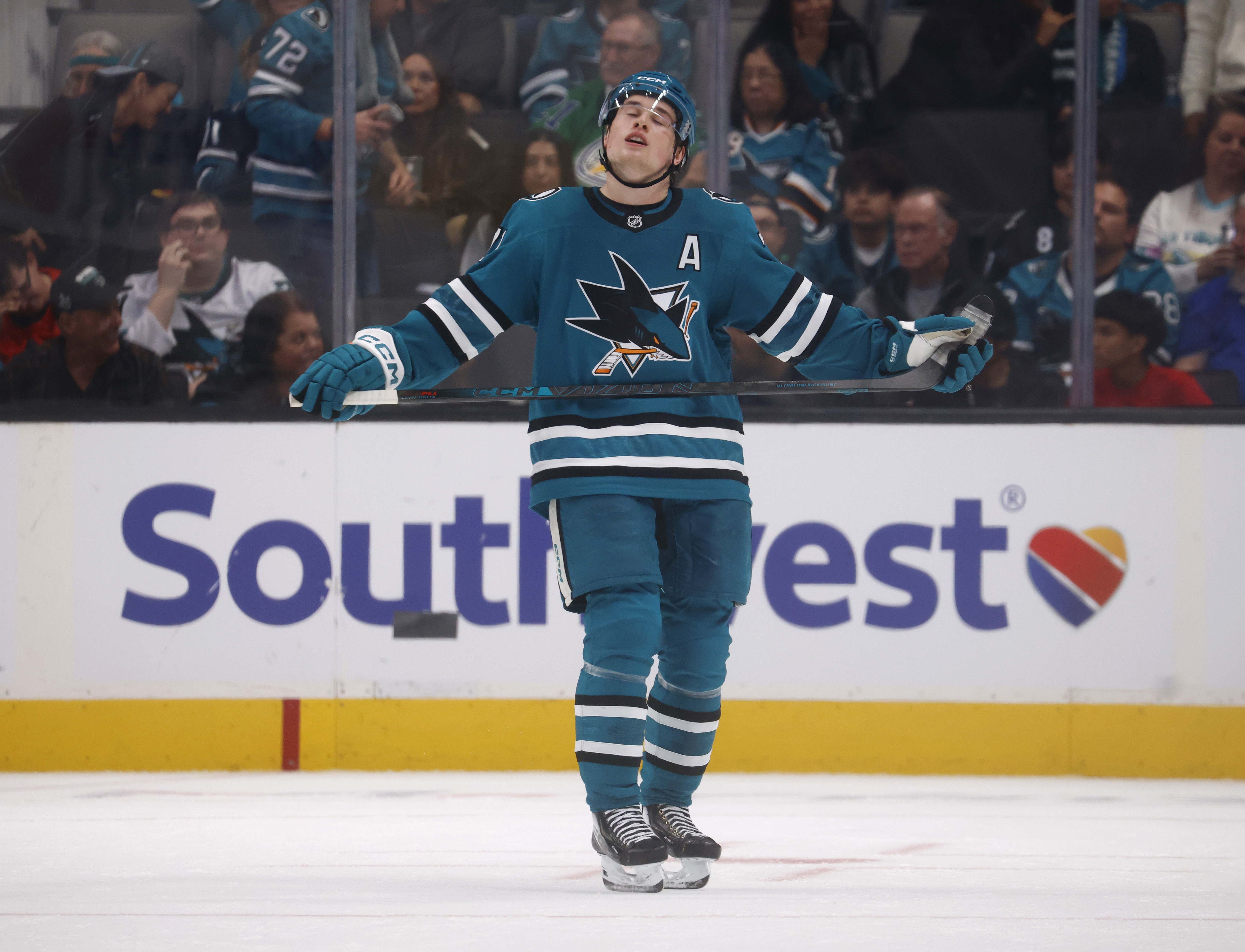 San Jose Sharks’ Macklin Celebrini (71) reacts to an empty...