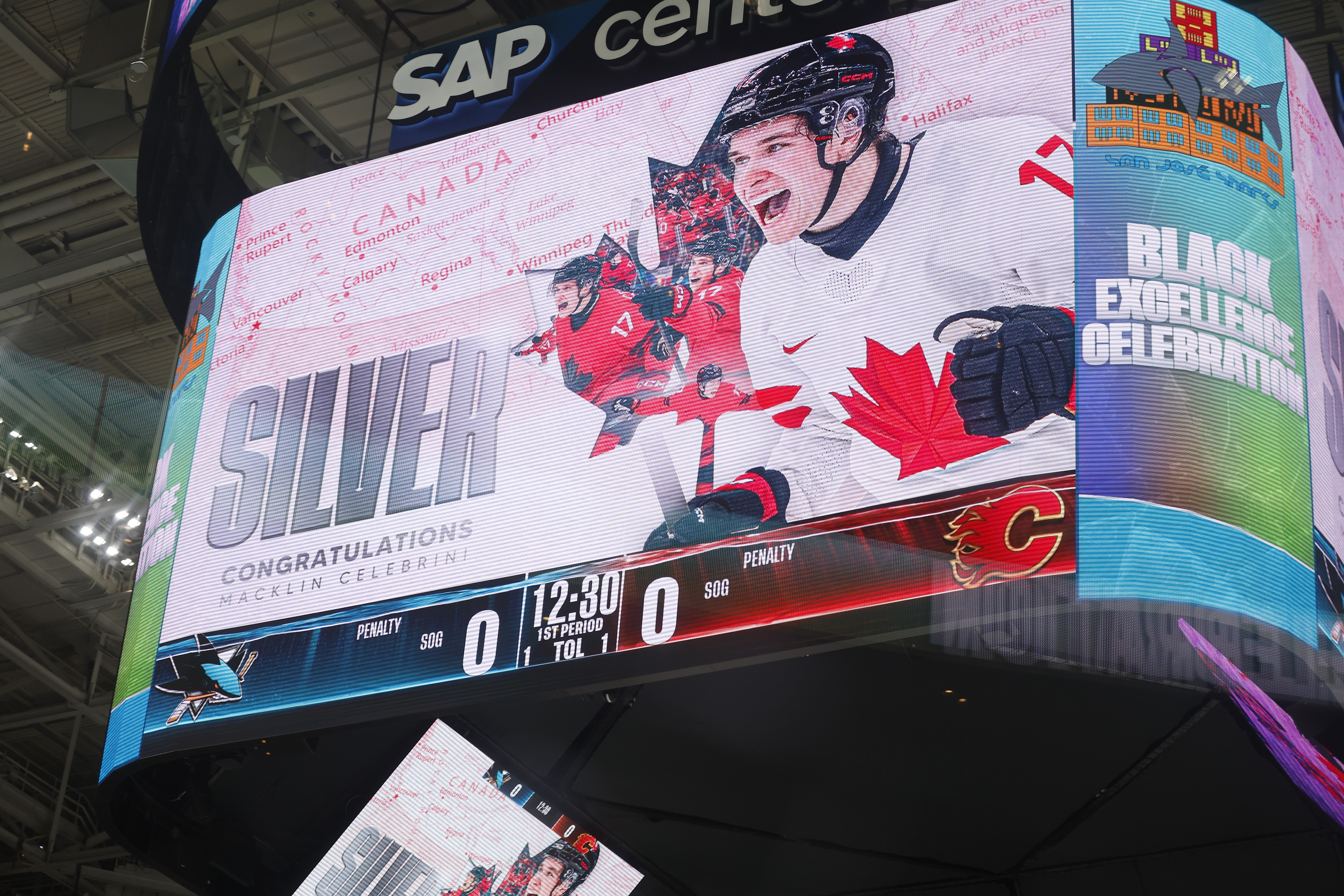 San Jose Sharks’ Macklin Celebrini (71) is recognized on the...