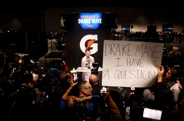New England Patriots starting quarter back Drake Maye answers questions during Super Bowl Opening Night at the San Jose McEnery Convention Center in downtown San Jose, Calif., on Monday, Feb. 2, 2026. (Nhat V. Meyer/Bay Area News Group)