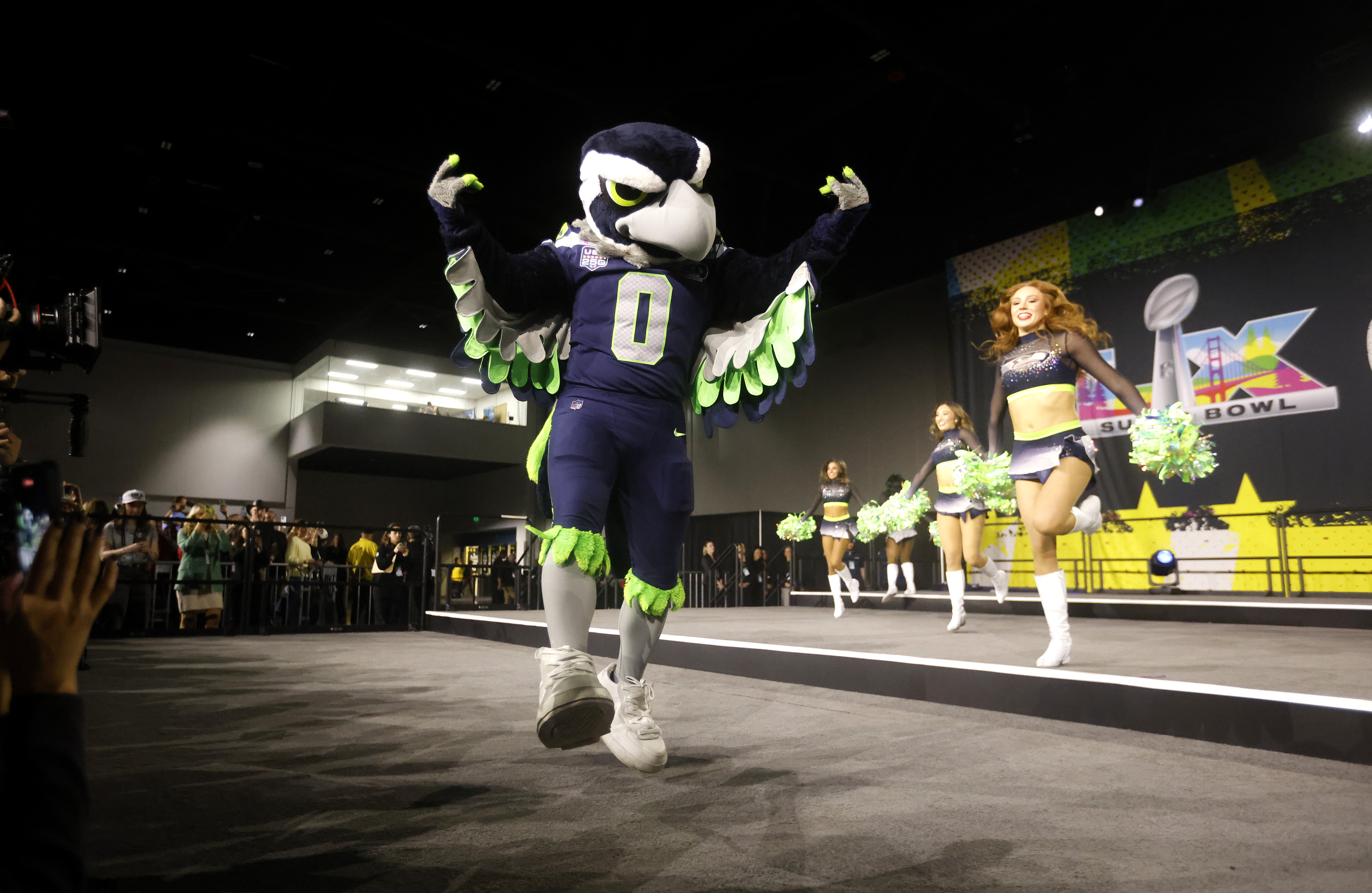 Seattle Seahawks mascot Blitz dances during Super Bowl Opening Night...