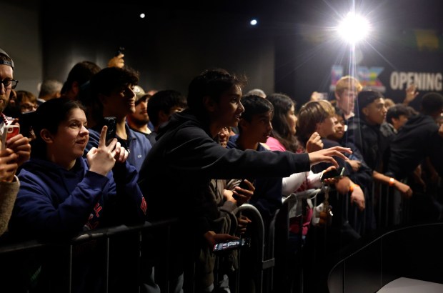 Football fans listen to a New England Patriots player during Super Bowl Opening Night at the San Jose McEnery Convention Center in downtown San Jose, Calif., on Monday, Feb. 2, 2026. (Nhat V. Meyer/Bay Area News Group)