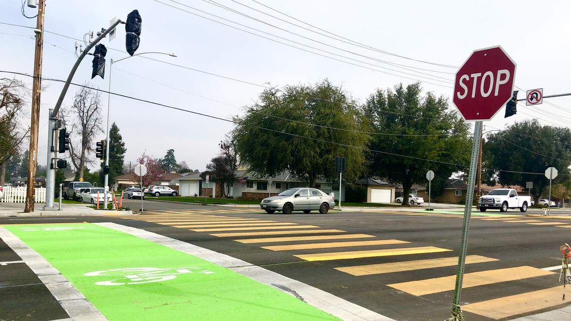 Stop signs have been installed on Barstow Avenue near Bond Street in hopes of improving pedestrian safety near Hoover High in northeast Fresno. Stop lights have been installed, too, but not yet been activated.