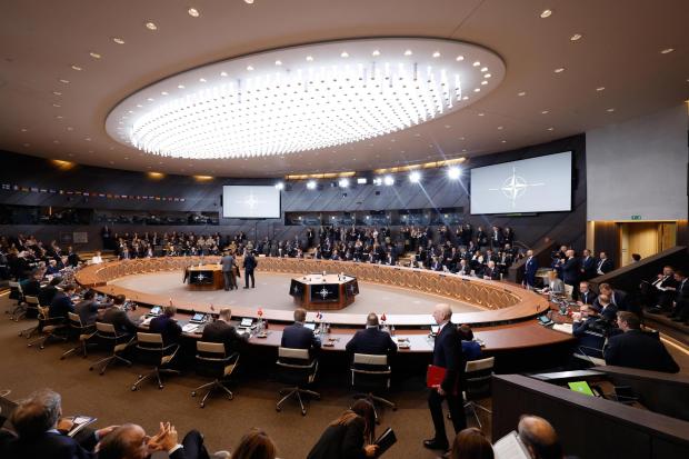 A general view of the round table during a meeting of the North Atlantic Council in Defense Ministers Session at NATO headquarters in Brussels