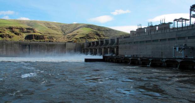 Water moves through a spillway of the Lower Granite Dam on the Snake River.